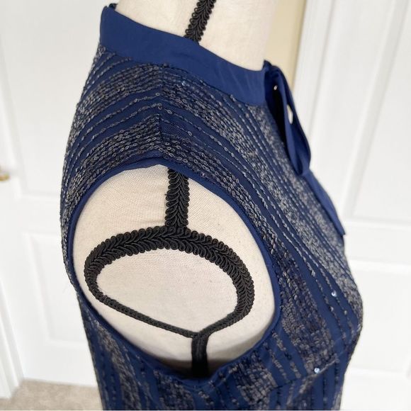 CeCe Size XS Navy & Black Sequin Layered Bow Tie Neck Sleeveless Cocktail Dress - Picture 8 of 15
